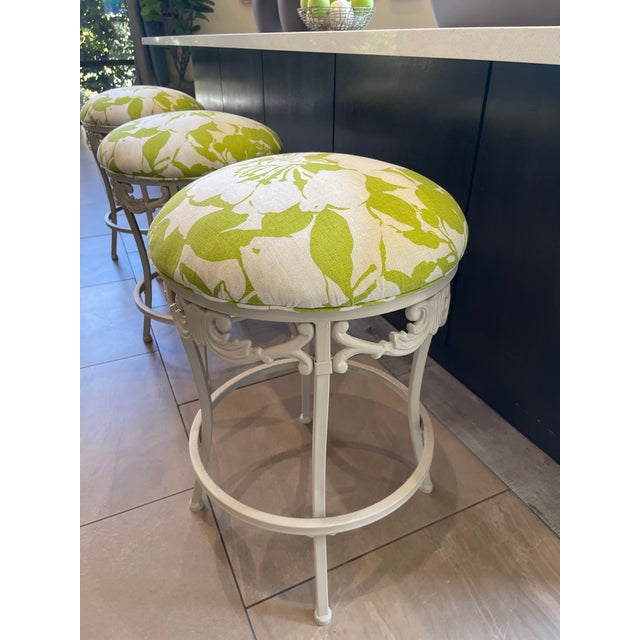 Beige Summer Ivory & Lime Iron Scroll Upholstered Counter Stools (Set of 3) For Sale - Image 8 of 11