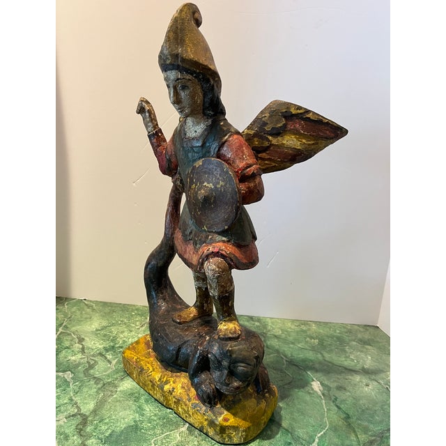 Spanish 18th Century Spanish Polychrome Wood Carving of St. Michael For Sale - Image 3 of 12