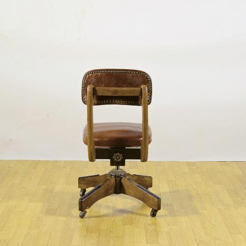 Vintage Swivel Office Chair in Wood and Tan Leather, 1900s For Sale - Image 5 of 9