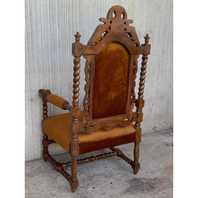 Brown Louis XVI Style Spanish Pair of Carved Walnut Armchairs, 1900s For Sale - Image 8 of 18