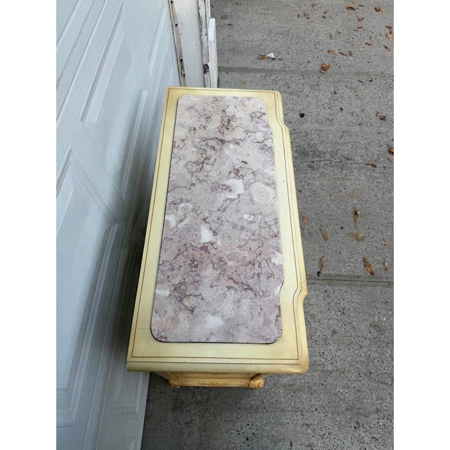 Vintage French Provincial Cream Floral Painted Four Drawer Dresser With Marble Top For Sale - Image 10 of 12