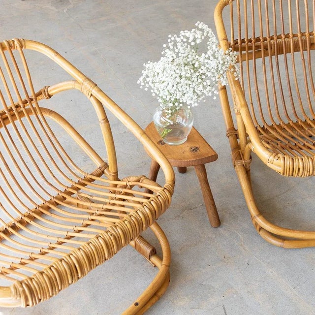 Lovely pair of rattan chairs from Italy, 1960s. Slatted rattan scoop seats with rattan and bamboo frame. Original finish...