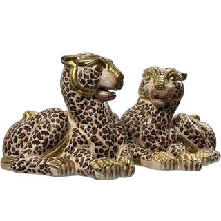 Garcia Imports Vintage Italian Ceramic Leopard or Panther Sculptures With Gilt & Rosebud Details (Oversized Pair) For Sale