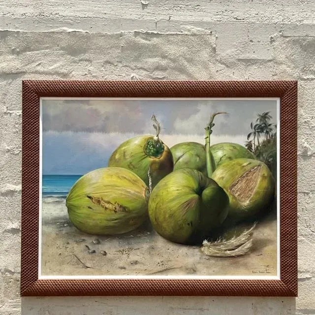 Wood Vintage Boho Monumental Contemporary Original Oil Painting of Coconuts, Framed For Sale - Image 7 of 10