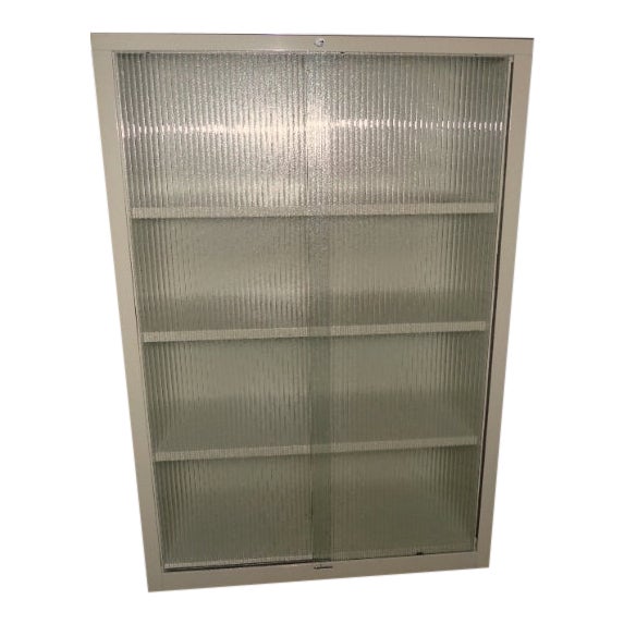 Mid Century Steelcase Storage Cabinet With Sliding Ribbed Glass Doors Chairish