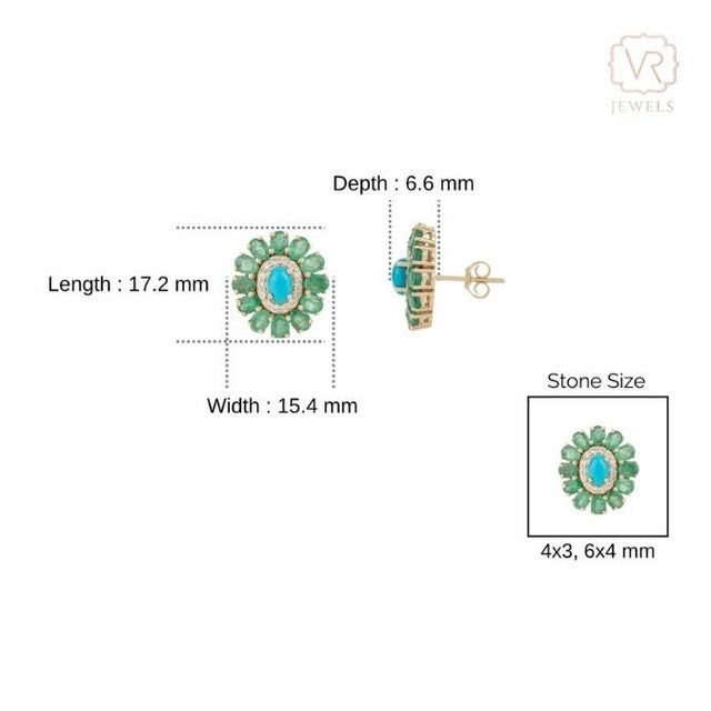 Retro 4.93 Ct Turquoise Emerald Diamond Floral Cluster Stud Earrings in 14k Gold- A Pair For Sale - Image 11 of 14