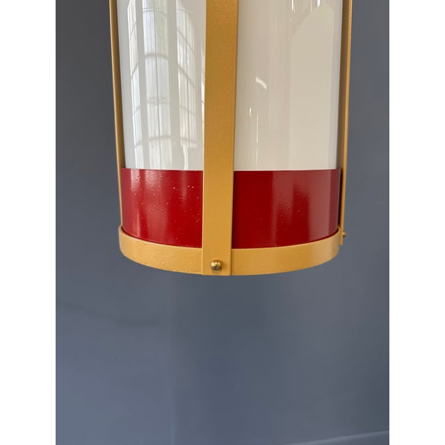 Metal Pair of 1950s Large White Glass Pendant Lights With Brass and Red Colored Frame For Sale - Image 7 of 9