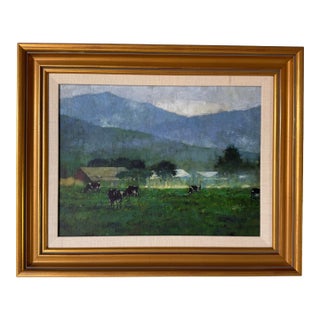Vintage Farm Landscape Oil on Canvas Board Painting – Signed For Sale
