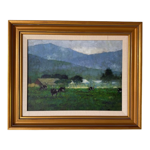 Vintage Farm Landscape Oil on Canvas Board Painting – Signed For Sale