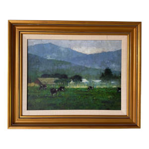 Vintage Farm Landscape Oil on Canvas Board Painting – Signed