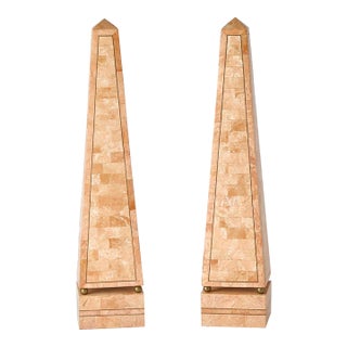 Large Pair of Mid-20th Century Pink Salmon Tessellated Stone Obelisks For Sale