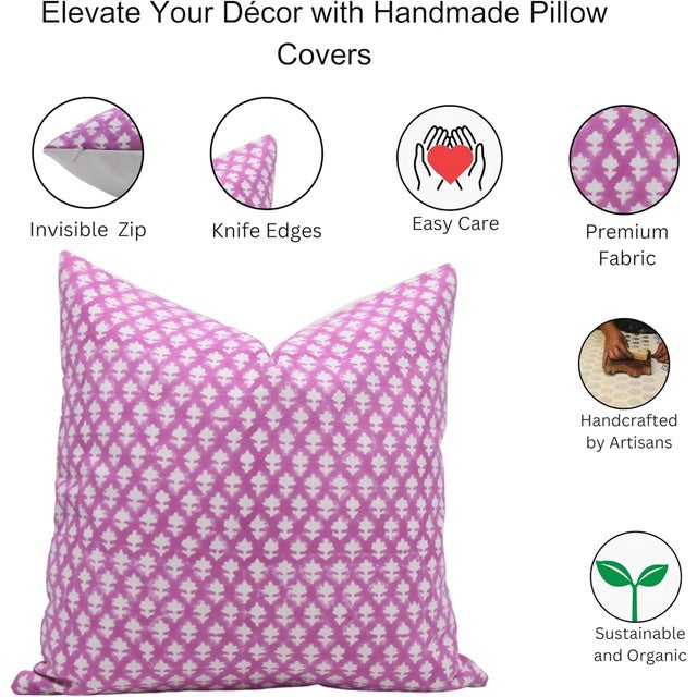 Fabdivine Decorative Block Print Cushion Cover 14x14 Inch Thick Cotton White-Pink City For Sale - Image 4 of 4