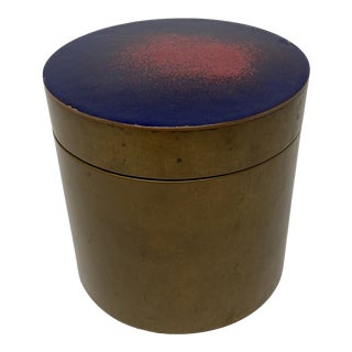 Mid-Century Enameled Lid Round Brass Box For Sale