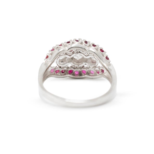 Early 20th Century Antique 14k White Gold 1.33ctw Old Cut Diamond Ruby Three Stone Cocktail Ring, Size 7.25 For Sale - Image 5 of 9