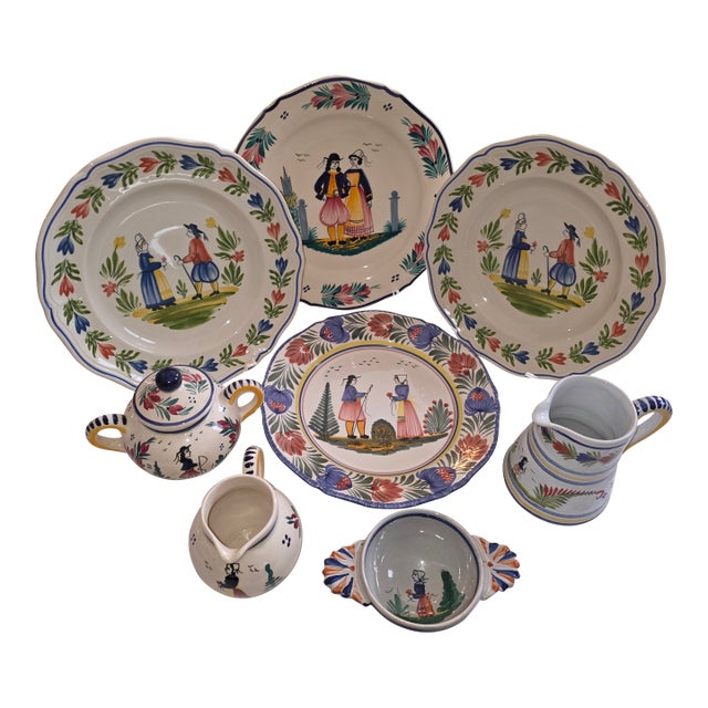 Collection of Eight Quimper French Faience Serveware Pieces For Sale