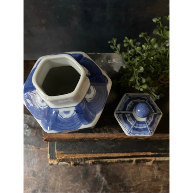Blue Blue and White Chinoiserie Hexagon Shaped Tea Canister Grand Millennial Decor For Sale - Image 8 of 8