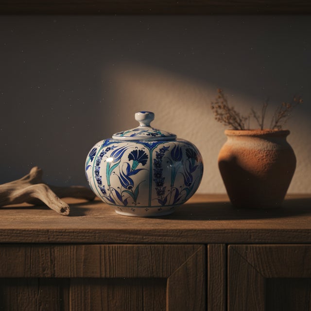 Handmade Ceramic Lidded Trinket Jar (14cm) Traditional Blue & White Tulip Pattern – Decorative Jewelry & Storage Box For Sale - Image 6 of 12