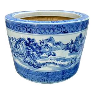 1970s Blue & White Chinoiserie Jardiniere
