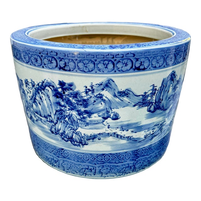 Blue & White Chinoiserie Large Jardiniere For Sale