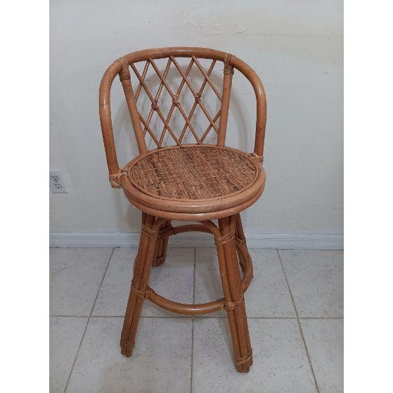 Boho Chic 1980s Bamboo Wicker Rattan Swivel Barstool Honey Color Set of 3 For Sale - Image 3 of 8