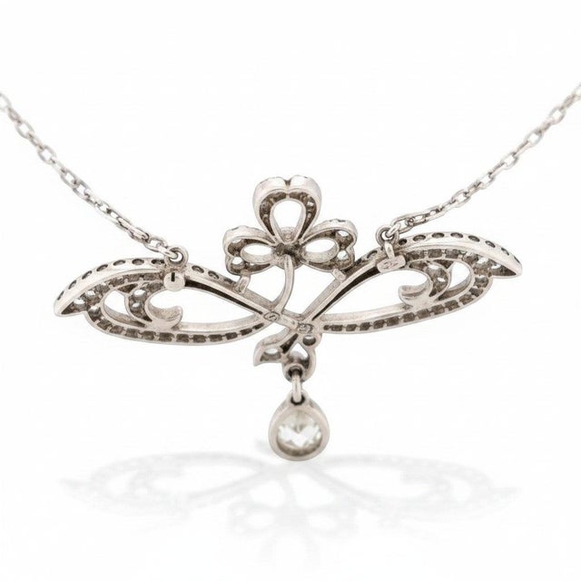 Antique Art Nouveau Platinum Pendant Necklace - 0.4ct Pear Cut Diamond Drop - For Sale - Image 4 of 6