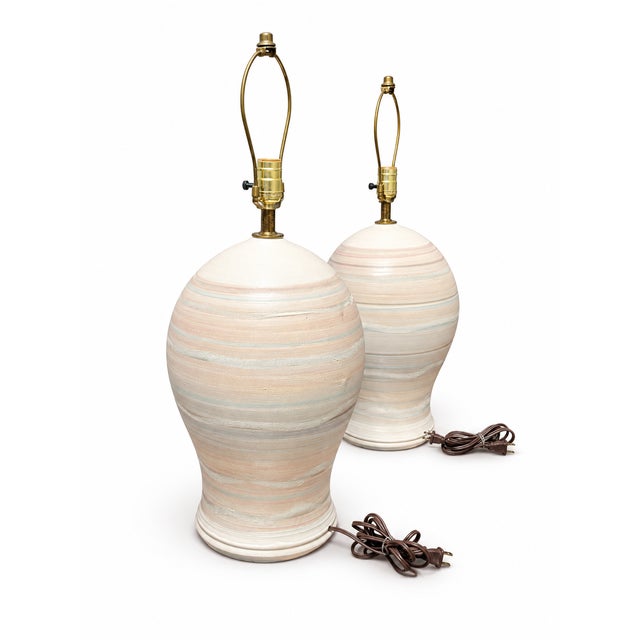 Cream Late 20th Century Postmodern Pastel Striped Ceramic Table Lamps – A Pair For Sale - Image 8 of 8