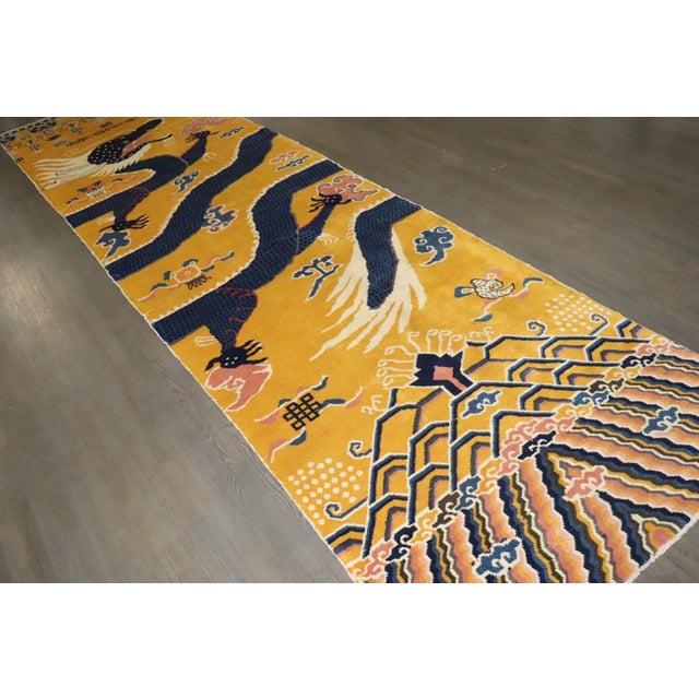 Yellow Tibetan Vintage Dragon Pillar Runner - 4'5" x 17' For Sale - Image 12 of 14
