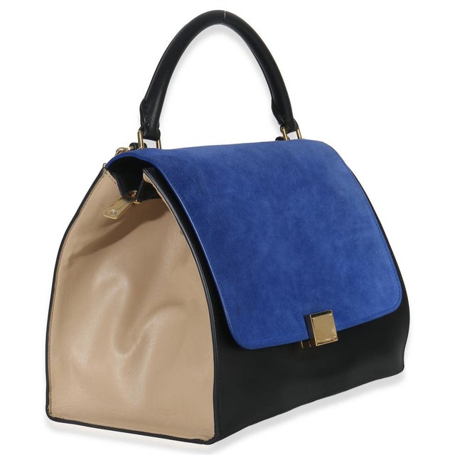 Contemporary Blue Black Cream Suede Grained Calfskin Small Trapeze Bag For Sale - Image 3 of 9