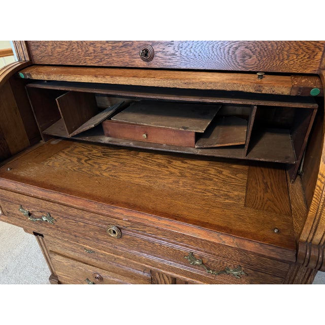 1900-1909 Tiger Oak Rolltop Secretary Cylinder Desk 82” X 36” W Glass Bookshelf For Sale - Image 4 of 12