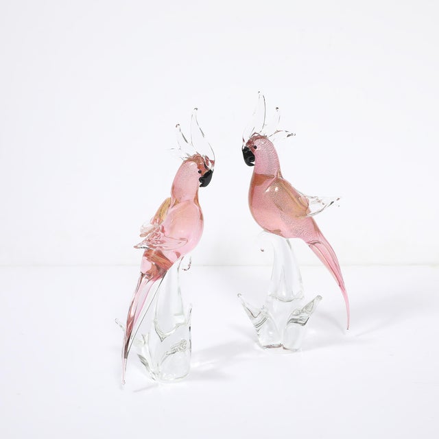 Mid-Century Modern Pair of Mid-Century Hand-Blown Murano Rose Hued Cockateel Sculptures W/ 24k Gold For Sale - Image 3 of 13
