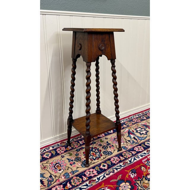 1920s Antique English 4-Post Barley Twist Pedestal Plant Stand Jacobean Oak 36" Tall For Sale - Image 5 of 18