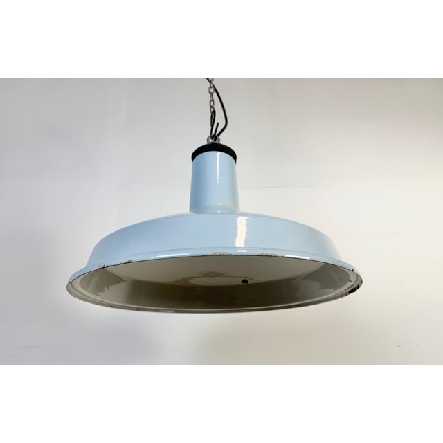 Industrial Light Blue Enamel Factory Pendant Lamp, 1960s For Sale - Image 9 of 18