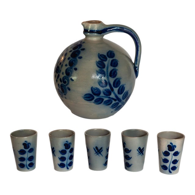 Vintage Schilz Salt Glaze Pottery Pitcher With 5 Cups – Blue & Gray For Sale