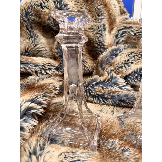 1990s Vintage Clear Candlesticks With Etched Flowers - A Pair For Sale - Image 5 of 11
