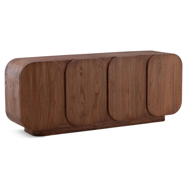 Modern brown Mindi wood sideboard with deco style rounded edges and doors. Each may vary in exact wood tones and grain....