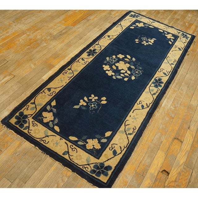Art Deco 1920s Traditional Navy Floral Deco Antique Chinese Peking Small Rug 2'8'' X 6' For Sale - Image 3 of 9
