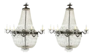 Antique Louis Revival 20 Light Ballroom Cut Crystal Tent Chandeliers, 1920, Set of 2