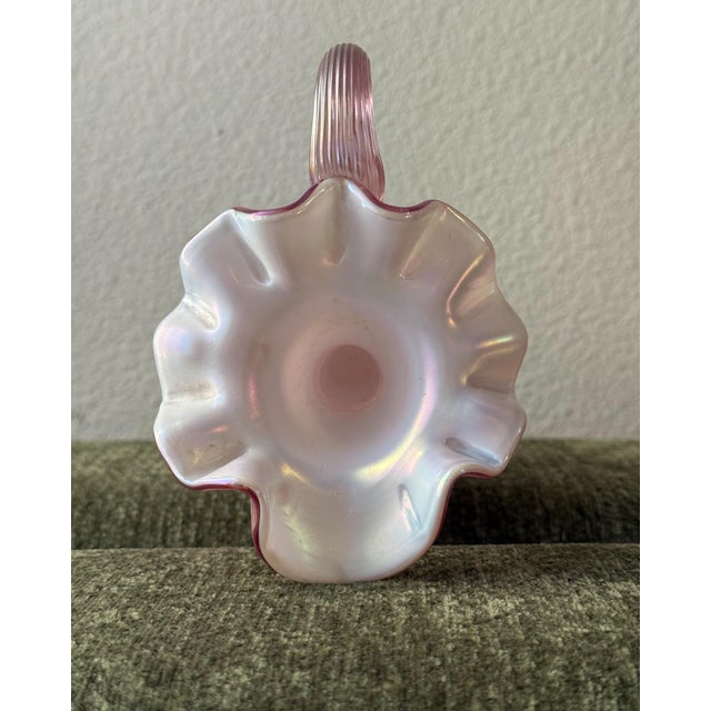 2000 - 2009 Vintage Signed Fenton Pink Iridescent Hand-Painted Pansy Pitcher For Sale - Image 5 of 5