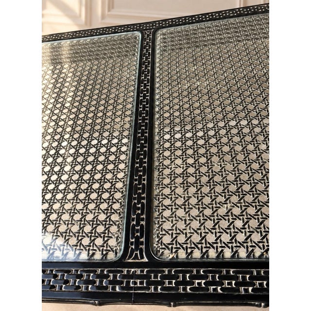 Ornamental & Decorative Materials Vintage Chinoiserie Dark Jade Lacquer Faux Bamboo Dining Table With Glass & Woven Panel Top For Sale - Image 7 of 13