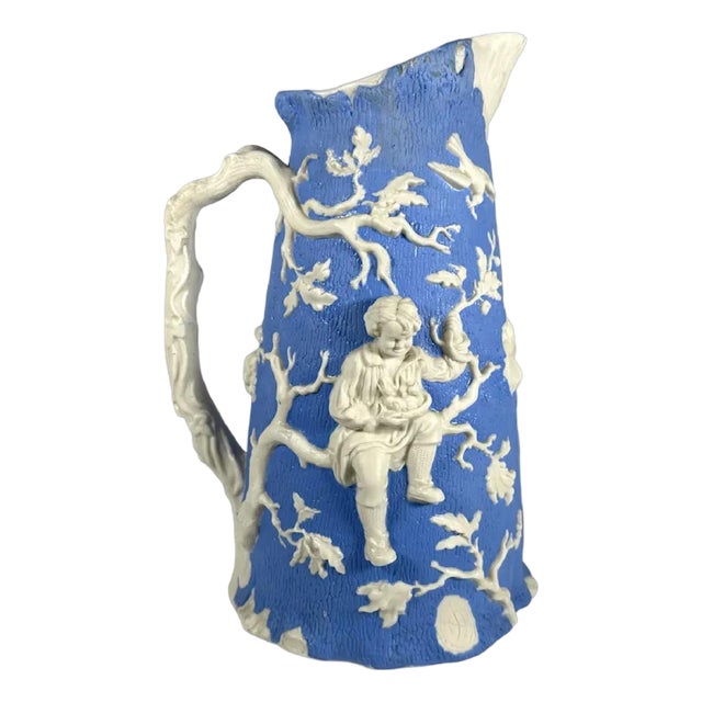 Antique Parian Pitcher: Relief-Moulded Boy Climbing Tree, T.J. & J. Mayer c. 1850 For Sale