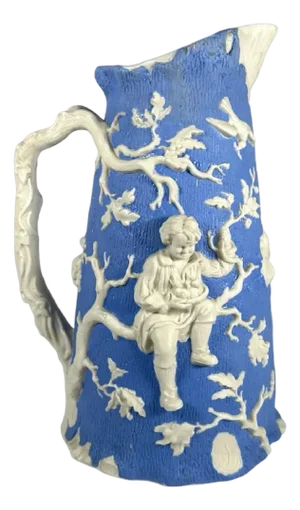Antique Parian Pitcher: Relief-Moulded Boy Climbing Tree, T.J. & J. Mayer c. 1850