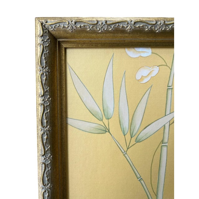 Wood Bird on Branch on Golden Silk Painting. For Sale - Image 7 of 9