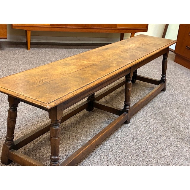 Brown Antique English Oak Full Width Refectory Bench With Generous Seating c.1920 For Sale - Image 8 of 11
