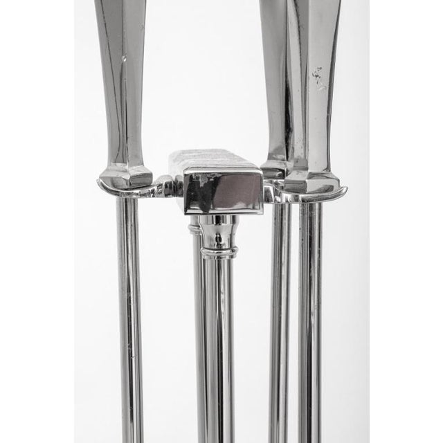 Mid-Century Modern Chrome Fireplace Tool Set, 20th Century, comprising: stand, broom, shovel, and poker. 30" H x 6" W x 6"...