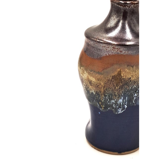 1980s Mid-Century Modern Wavy Hand-Thrown Signed Studio Vase With Blue and Brown Drip Glaze For Sale - Image 5 of 6