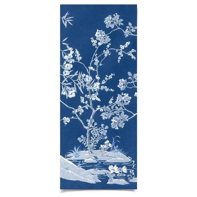 The striking contrast between the deep blue background and hand-applied silver leafing resounds with crisp harmony in this...