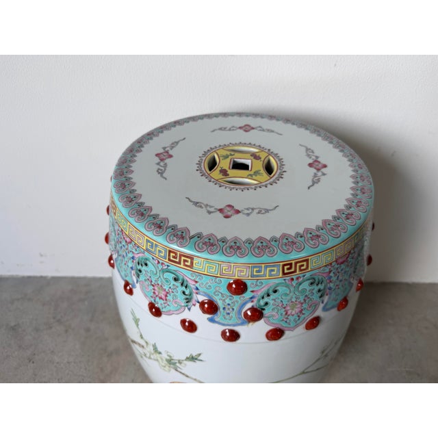 Vintage Chinese Famille Rose-Style Hand-Painted Porcelain Garden Stool With Pierced Cash-Coin Motifs For Sale In Miami - Image 6 of 12
