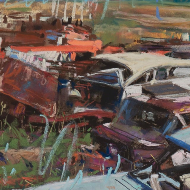 This artwork depicts a vibrant scene of abandoned cars and rusting machinery, overrun by nature. The use of soft pastels...