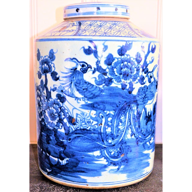 Blue Monumental Porcelain Blue White Pheasant Tea Jar For Sale - Image 8 of 9