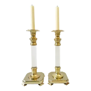 Fabulous Extra Large Lucite and Polished Brass Candlestick Holders on Footed Base